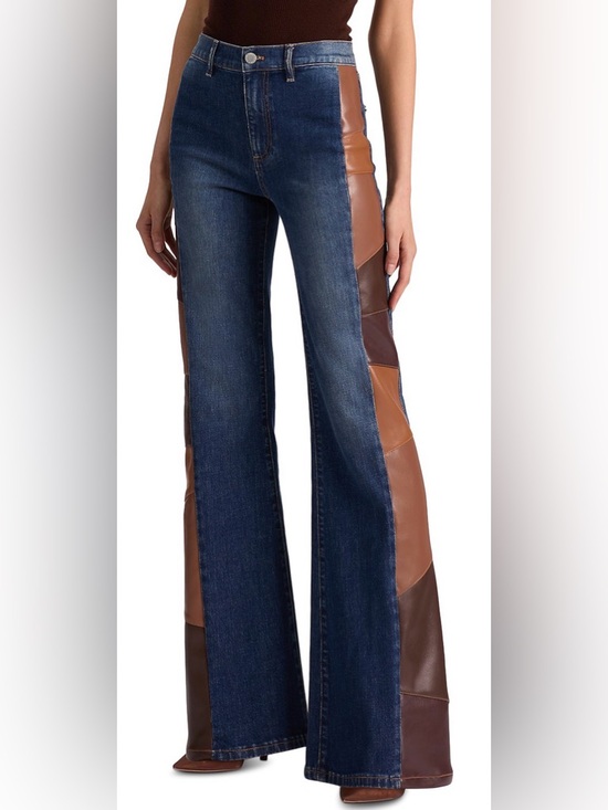 Alice + Olivia Denim - Alice + Olivia Dark Blue Denim Flare Jeans with Brown Patch Panels